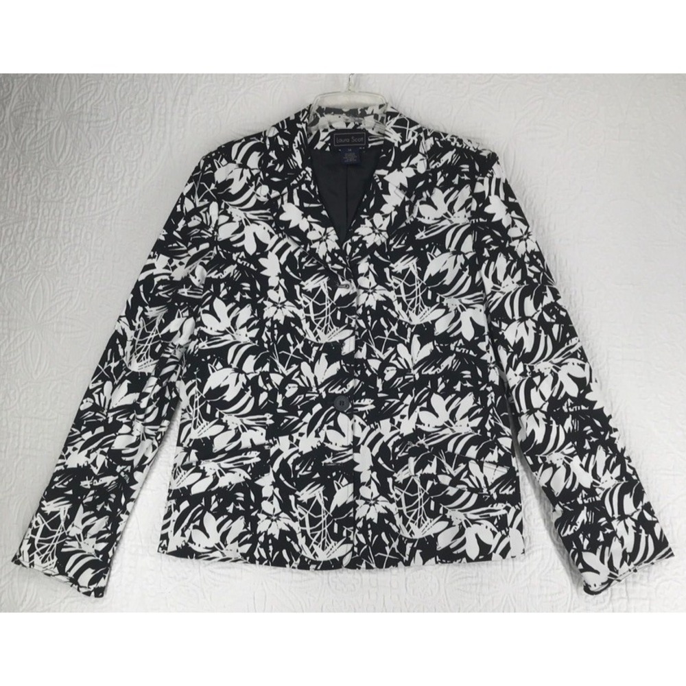 Laura Scott Suit Jacket Blazer Women Size 14 Lined Black White‎ Floral